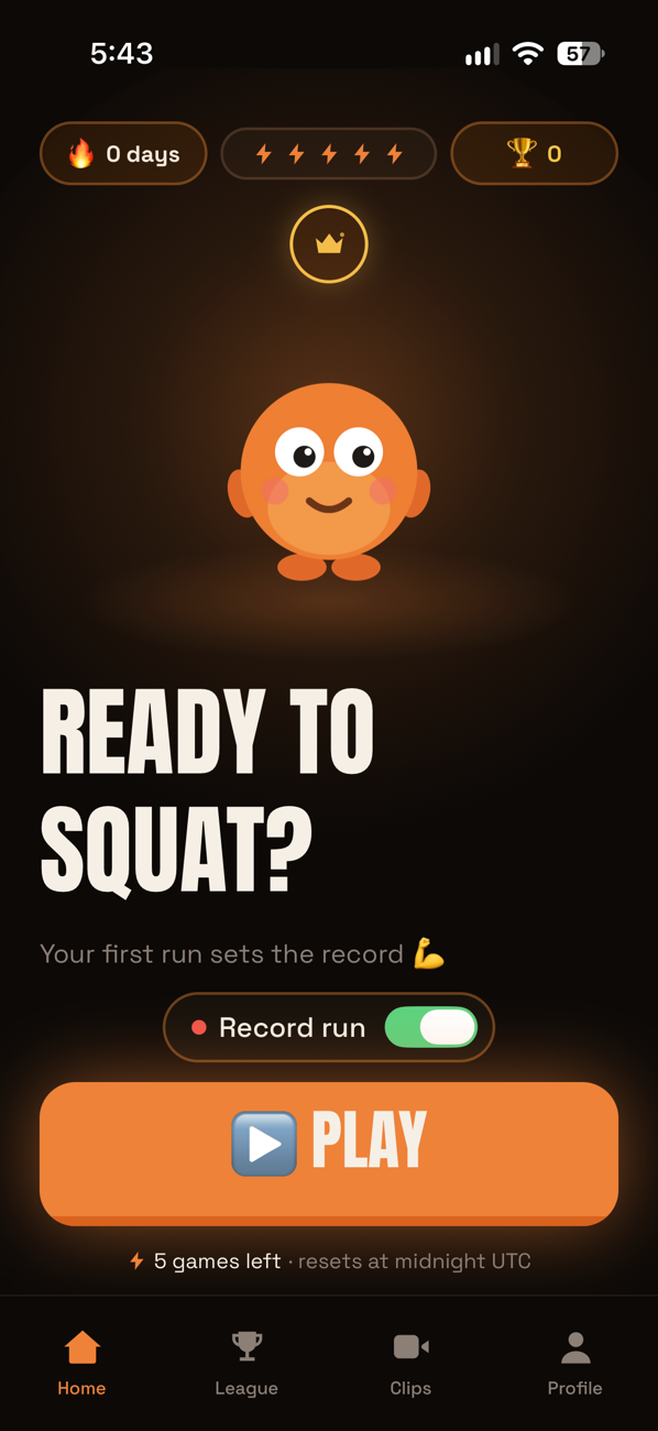 The Squatty home screen: a day streak, five energy bolts, a best-score badge,
                   the mascot, a Record run toggle and a large Play button.